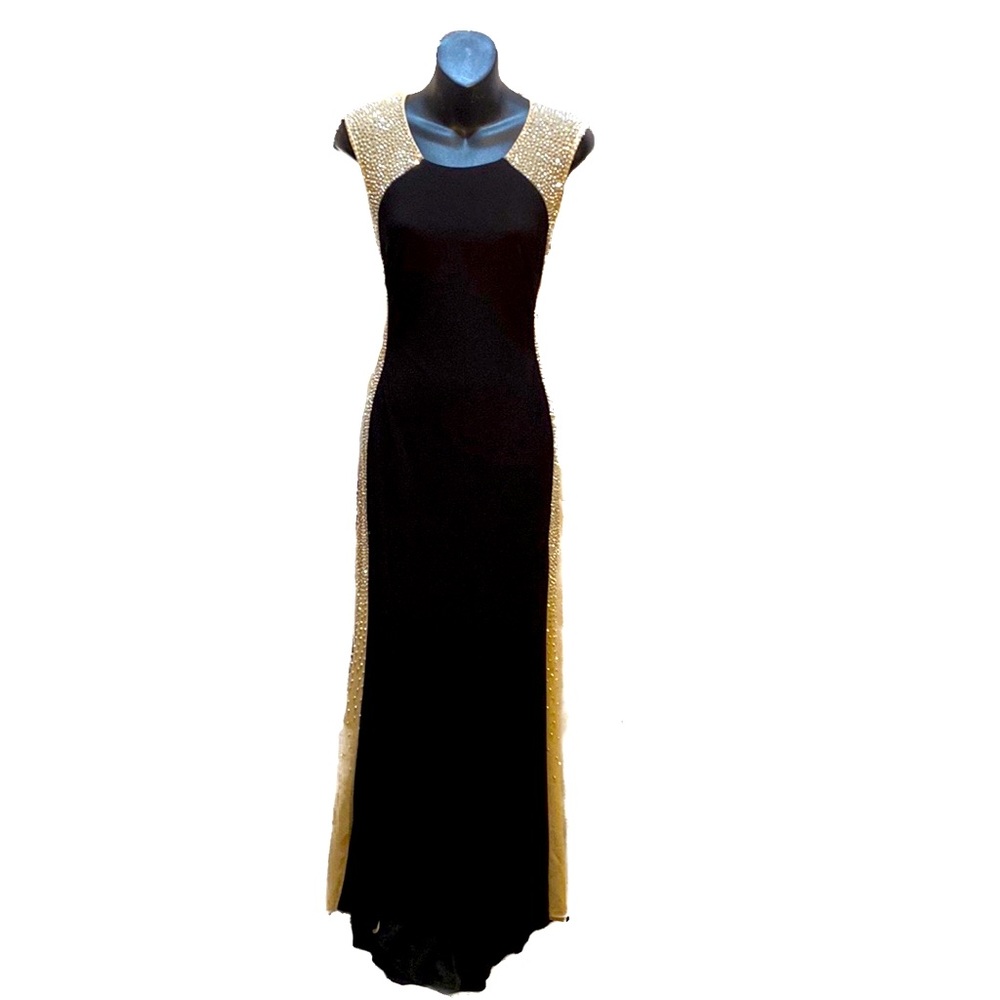 XSCAPE BLACK/TAN BEADED/NETTED GOWN SCOOP NECK SZ 6P